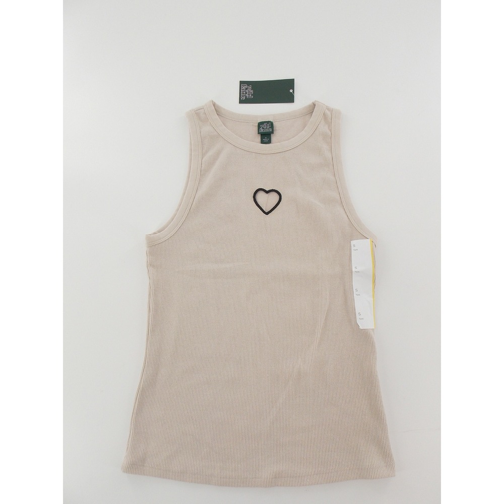Wild Fable Tank Top Heart Graphic Ribbed Sleeveless Women Size S Tan Beige NEW